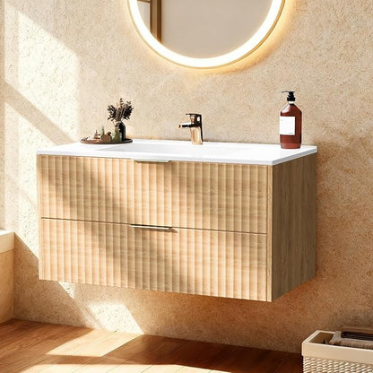 24 Inch Bathroom Vanity with Sink, Modern Floating Bathroom Vanity with Resin Sink, 2 Large Storage Darwers, Wood Grain Texture Wall Mounted Vanity, Gold Handles