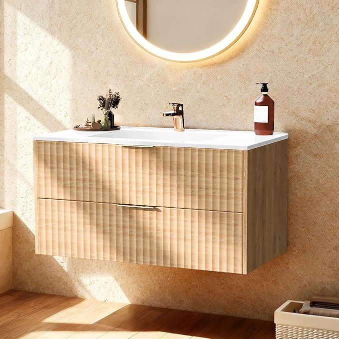 30 Inch Bathroom Vanity with Sink, Modern Floating Bathroom Vanity with Resin Sink, 2 Large Storage Darwers, Wood Grain Texture Wall Mounted Vanity, Gold Handles
