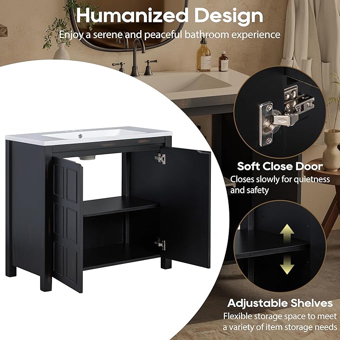 Favfurish 36" Bathroom Vanity w/Sinks,Free Standing Singe Basin Vanity Set w/Adjustable Shelf & Soft Close Doors,Solid Wood Frame Storage Cabinet for Bathroom,Retro Espresso