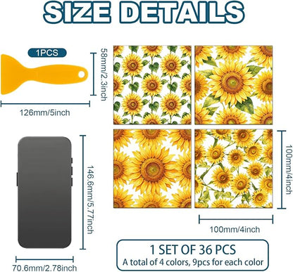 36pcs 4 Styles Sunflower Tile Stickers Yellow Pattern Waterproof PVC Tile Decals for Kitchen Bathroom 4x4 inch