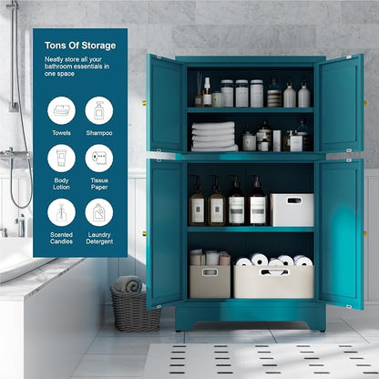 Bevivog Bathroom Floor Storage Cabinet,Metal Accent Cabinets with 4 Doors and 2 Adjustable Shelves,Blue Storage Locker Cabinets Organizer for Pantry Kitchen,Living Room,Hallway, Restroom