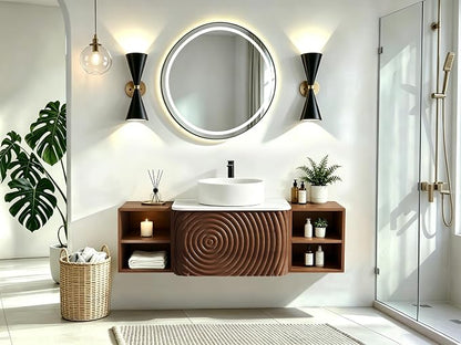 48" Floating Bathroom Vanity with Sink, Mid-Century Wall Mounted Bathroom Vanity Cabinet with Wood Waved Decor,Ceramic Vessel Basin and Sintered Stone Top, Soft Close Drawer, 2 Side Open Cube