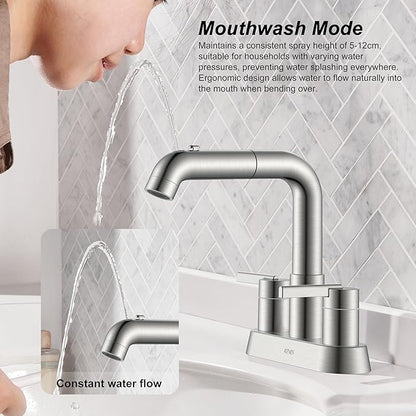 KENES Pull Down Bathroom Faucet with Sprayer, Brushed Nickel 4 Inch 2 Handle Centerset Bathroom Faucets 3 Hole with Pull Out Sprayer, Vanity Faucet with Pop Up Drain & Supply Lines LJ-9059A