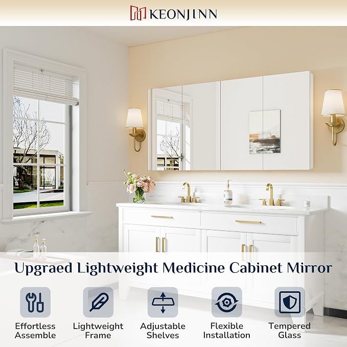 Keonjinn 64" x 32" White Large Medicine Cabinet with Mirror, Tempered Glass | Assembly Required, Lightweight Aluminum Frame, Adjustable Shelves, Surface Mount or Recessed, Clear Reflection, Soft Close