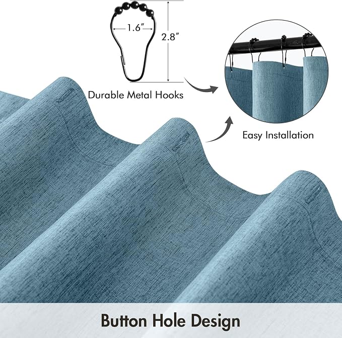 ANRODUO Moonlight Blue Linen Textured Fabric Shower Curtain Set - W72xL84 | Farmhouse Shower Curtain with 12 Metal Hooks, Waterproof Heavy Duty, Button Hole Design, Machine Washable for Bathroom