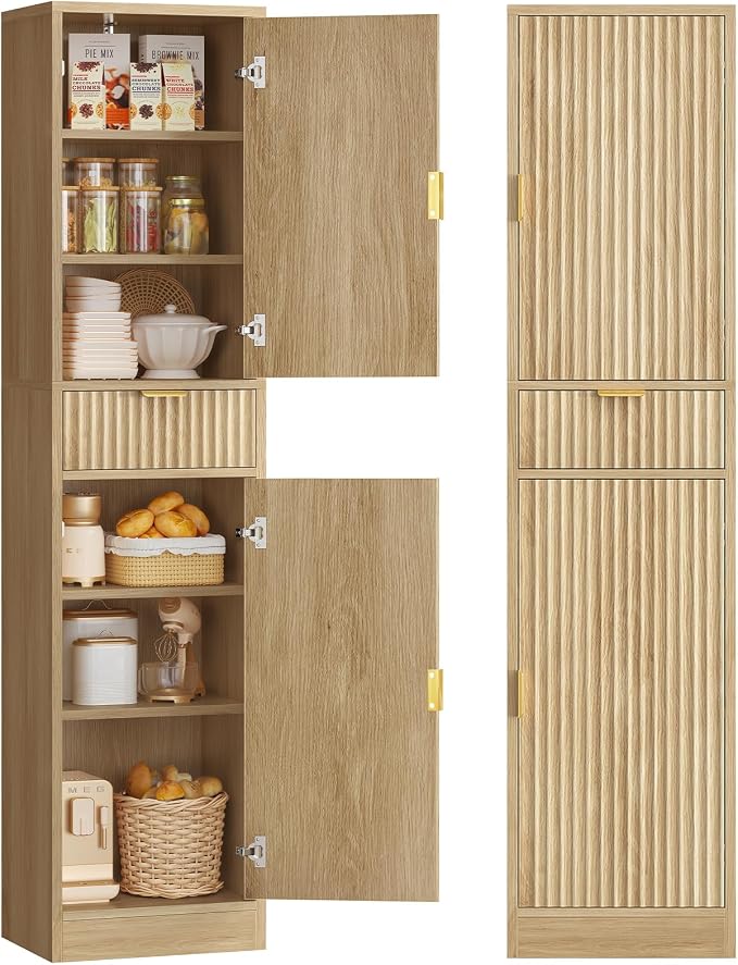 TEENFON 67″ Storage Cabinet with 1 Drawer and 2 Doors,Tall Bathroom Storage Cabinet with Adjustable Shelves, Rattan Fluted Cabinet for Bathroom, Living Room, Kitchen, Natural Oak