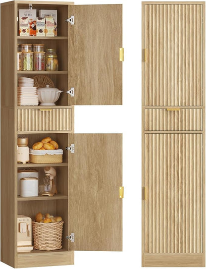 TEENFON 67″ Storage Cabinet with 1 Drawer and 2 Doors,Tall Bathroom Storage Cabinet with Adjustable Shelves, Rattan Fluted Cabinet for Bathroom, Living Room, Kitchen, Natural Oak