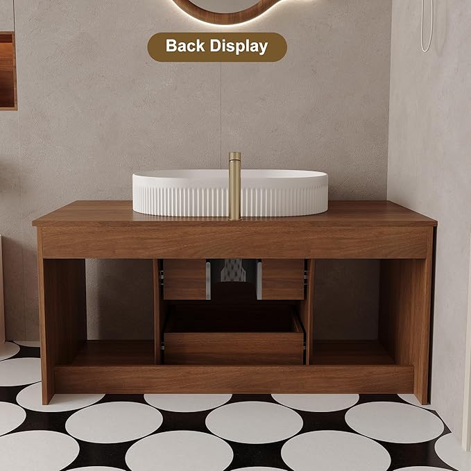 40" Bathroom Vanity with Sink Set, Modern Wall Mounted Bathroom Vanity Cabinet with Above Oval Ceramic Sink,Gold Handle 2 Drawers&2 Open Storage, Single Sink Floating Bathroom Vanity, Walnut