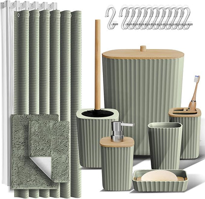 Clara Clark Bathroom Accessories Set - Bathroom Set, Bathroom Sets with Shower Curtain and Rugs, Shower Curtain Set with Trash Can - Sage Green - 22PC | 22 Piece Sage Green Bathroom Accessories Set with Toothbrush Holder, Soap Dispenser, Soap Dish, Toi...