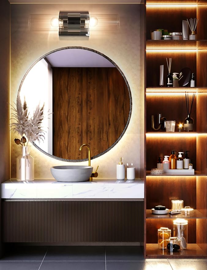 Modern Bathroom Sconces Wall Lighting with Clear Ribbed Glass, Polished Nickel 2-Light Bathroom Vanity Light Fixtures for Mirror Living Room Hallway Bedroom