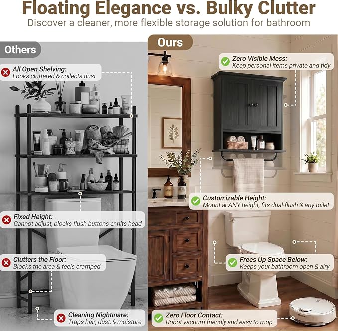 Besiost Farmhouse Bathroom Wall Medicine Cabinet with Removable Towel Bar | Over Toilet Storage Organizer, 7.9" Slim Profile, 100 Lbs Capacity, Adjustable Shelf, Soft Close Hinges Door, Black