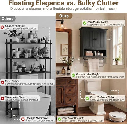 Besiost Farmhouse Bathroom Wall Medicine Cabinet with Removable Towel Bar | Over Toilet Storage Organizer, 7.9" Slim Profile, 100 Lbs Capacity, Adjustable Shelf, Soft Close Hinges Door, Black