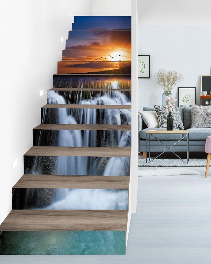 FLFK Waterfall Stair Stickers - Set of 15, Peel and Stick Stair Riser Decals, 39.3"x7.08"