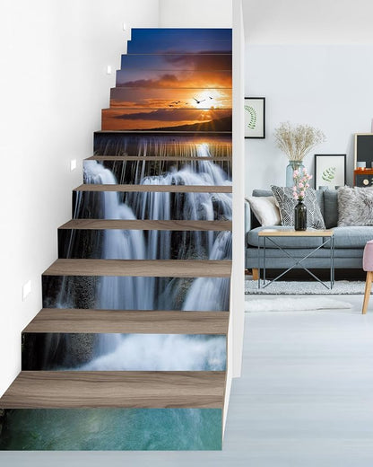 FLFK Waterfall Stair Stickers - Set of 15, Peel and Stick Stair Riser Decals, 39.3"x7.08"