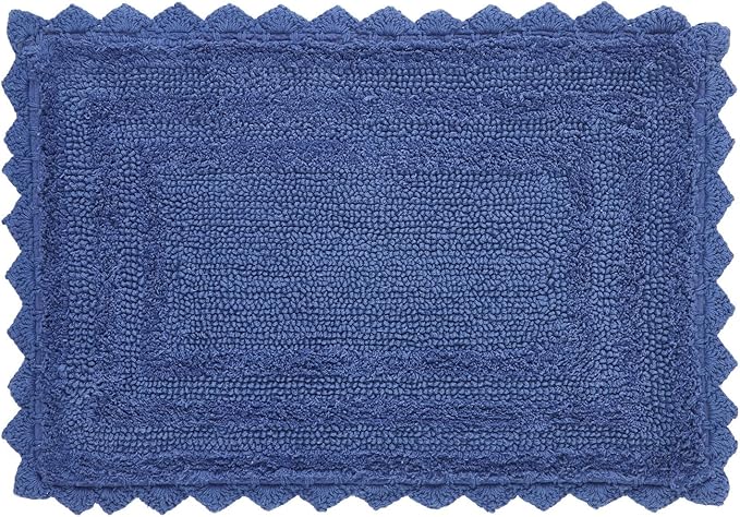 Better Trends Lilly Crochet 17x24 Reversible Bath Rugs and Bath mats for Bathroom, Luxurious 100% Cotton Bath Rug & Water Absorbent Bathroom Mat - Blue Bath Matt