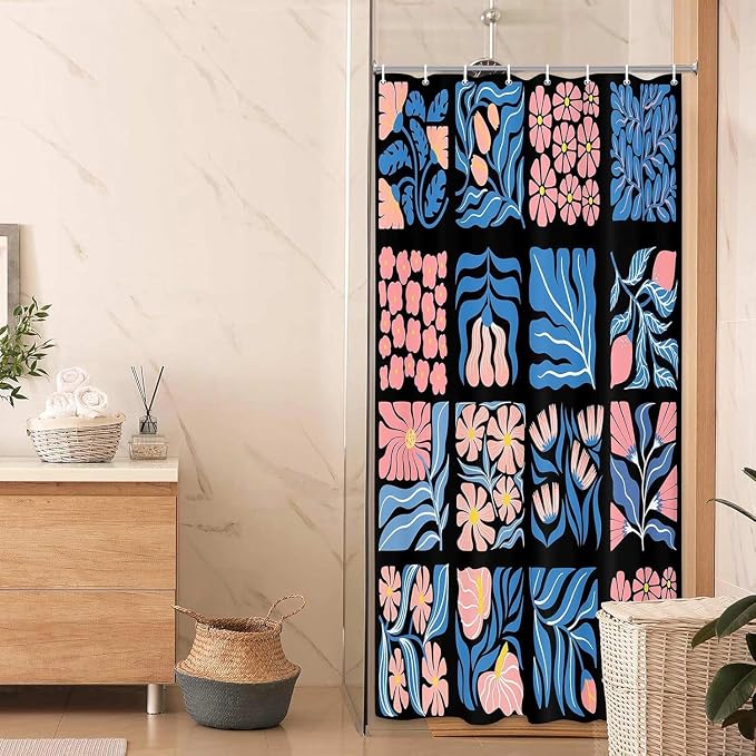 JAWO Pink Turquoise Shower Curtain for Bathroom, Retro Boho Floral Bathroom Curtain Decor, Vintage Abstract Botanical Geometric Groovy Aesthetic Pattern Shower Curtain Sets with 12 Hooks,36X72IN
