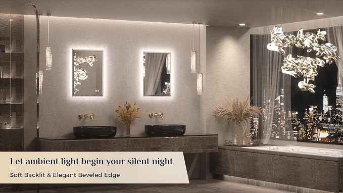 Keonjinn 20 x 28 Inch Backlit Mirror Bathroom, Beveled Edge Tempered Glass | Fast & Safe Defogging, Dimmable 3 Color Lights, Effortless French Cleat Installation, Smart LED Mirror for Bathroom, Barber