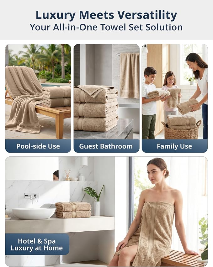 LANE LINEN Bathroom Towel Set 4 Piece Soft Absorbent Quick Dry - Taupe | Cotton Towel Set - Coordinated Colors, Dobby Border Accent, OEKO-TEX Certified, Zero-Twist Durability, Zero-Twist Cotton