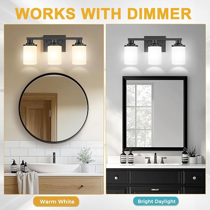 L LOHAS LED 3-Light Bathroom Vanity Light, Black | Milky White Frosted Glass Shades; Wall Sconce for Bathrooms and Bedrooms; ETL Listed