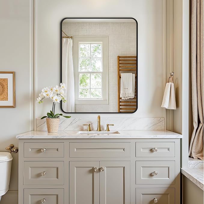 Vanity Bathroom Mirror, 30”x24” Black Bathroom Mirror for Over Sink | HD Tempered Glass, Anti-Rust Frame, Vertical or Horizontal, Wall Mirrors for Bathroom Sink, Living Room, Entryway, Bedroom