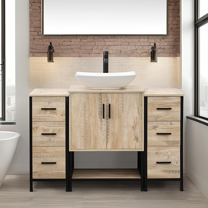 UEV 48" Rustic Oak Bathroom Vanity with Sink Combo,Industrial Iron Frame Bathroom Cabinet Sets with Double 3 Drawers Side Cabinet,Modern Artistic Ceramic Vessel Sink(032WH)