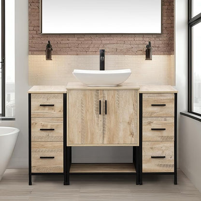 UEV 48" Rustic Oak Bathroom Vanity with Sink Combo,Industrial Iron Frame Bathroom Cabinet Sets with Double 3 Drawers Side Cabinet,Modern Artistic Ceramic Vessel Sink(032WH)