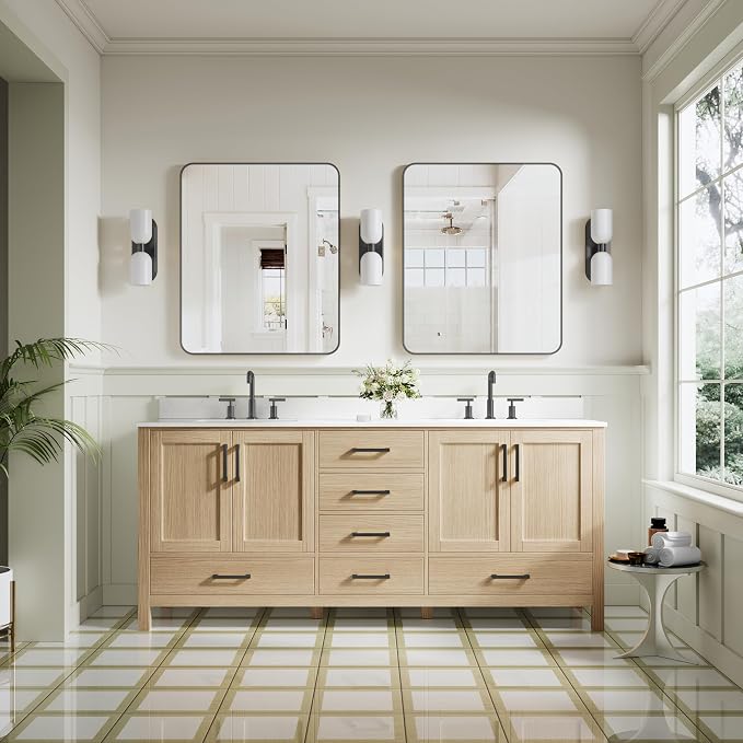 80-Inch Bathroom Vanity with Sink, 4 Soft-Close Doors and 6 Soft-Close Drawers, Bathroom Freestanding Vanity with Cultured Marble Countertop, Oak Vanity with Matte Black Handles