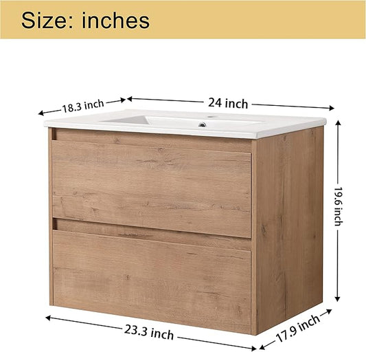Malwee 24" Floating Bathroom Vanity with Sink, 24 Inch Single Sink Wall Mounted Bathroom Vanity Combo, with 2 Drawers and White Ceramic Basin Top, Bath Wall-Hung Cabinet Set with Storage MA05124IMO-2
