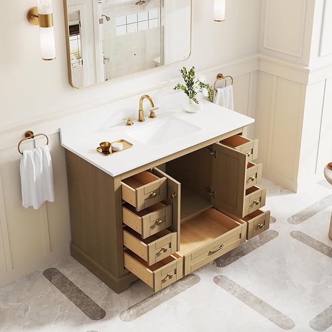 WELLFOR 48" Bathroom Vanity with Sink, Bathroom Freestanding Vanity W/ 2 Soft-Close Doors and 9 Soft-Close Drawers, Bathroom Cabinet Vanity with Cultured Marble Countertop (Oak)