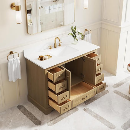 WELLFOR 48" Bathroom Vanity with Sink, Bathroom Freestanding Vanity W/ 2 Soft-Close Doors and 9 Soft-Close Drawers, Bathroom Cabinet Vanity with Cultured Marble Countertop (Oak)