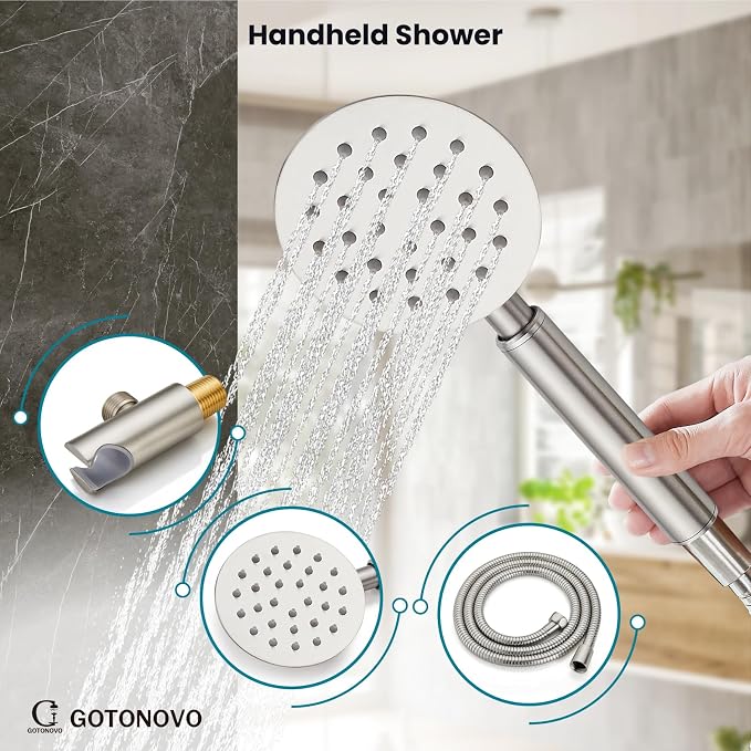 gotonovo High Pressure Shower System Valve and Trim Kit,Brushed Nickel | Round Rain 10 Inch Shower Head with Handheld Faucet Set Complete,Rough In Valve,2-in-1 Diverter,All Metal,Bathroom Wall Mount