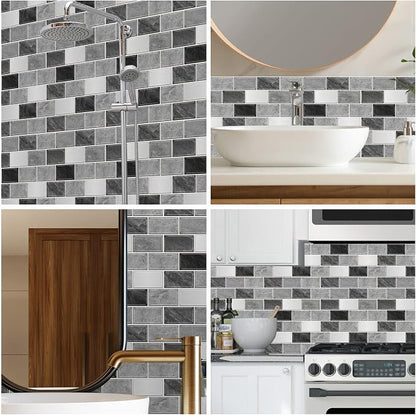 URCOLOR 10-Sheet Subway Tile Peel and Stick Backsplash for Kitchen,12"x12" Self Adhesive Wall Tiles Sticker on Back Splashes for Bathroom Gray Marble Design