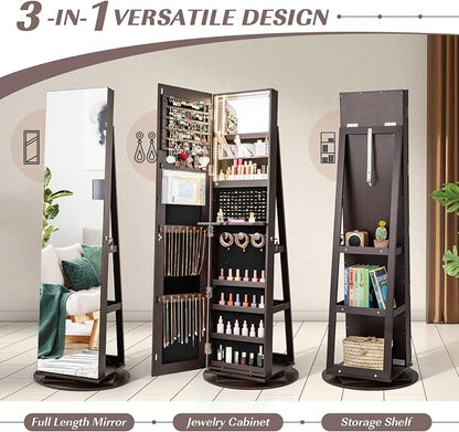 GOFLAME 360° Rotating Jewelry Cabinet with Full-Length Mirror, Freestanding Jewelry Armoire with 3-Color LED Light and Back Storage Shelf, Lockable Jewelry Organizer for Bedroom Cloakroom, Espresso