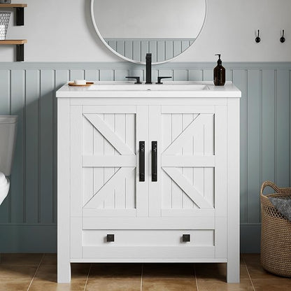 YITAHOME 30 Inch Farmhouse Bathroom Vanity with Sink, Small Space Bathroom Storage Cabinet with Large Drawer, 2 Wood Barn Doors with Built-in Door Racks