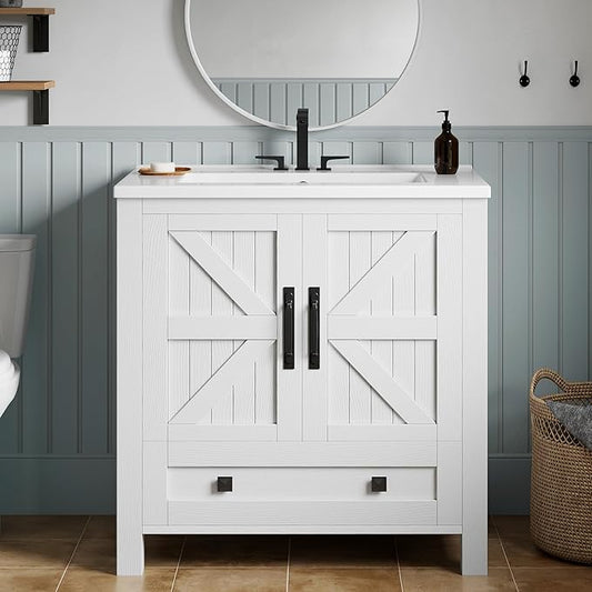 YITAHOME 30 Inch Farmhouse Bathroom Vanity with Sink, Small Space Bathroom Storage Cabinet with Large Drawer, 2 Wood Barn Doors with Built-in Door Racks