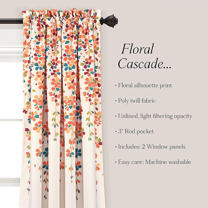 Lush Decor Weeping Flower Light Filtering Window Curtain Panels, Pair, 52"W x 108"L + 2" Header, Turquoise & Tangerine - Charming Modern Floral Curtains for Living Room, Dining Room, & Bedroom