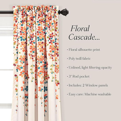 Lush Decor Weeping Flower Light Filtering Window Curtain Panels, Pair, 52"W x 108"L + 2" Header, Turquoise & Tangerine - Charming Modern Floral Curtains for Living Room, Dining Room, & Bedroom