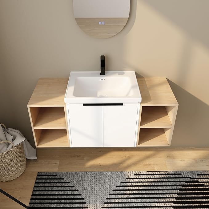 48 Inch Bathroom Vanity with Sink Combo, Wall-Mounted Bathroom Vanity with Soft Close Doors&2 Side Shelf,Modern Floating Bathroom Vanity with Top Basin & Storage Cabinet,White