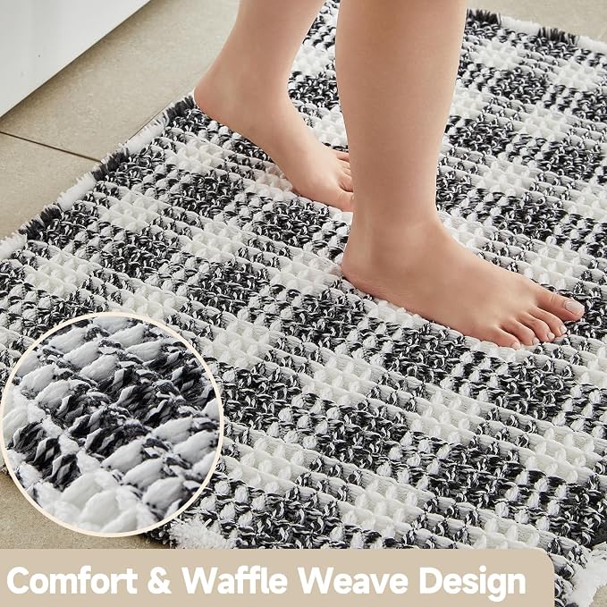 TYUU Waffle Runner Rug Bathroom, Long Boho Bath Mat, 72x24 Black & White | Super Absorbent Quick Dry Bath Rug, Non-Slip Backing, Soft Waffle Washable Farmhouse Bathroom Mats, Tub, Shower & Home Decor