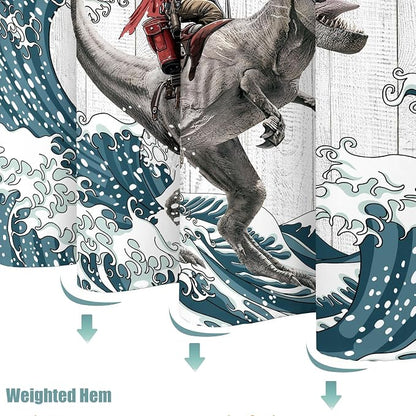 Funny Raccoon Dinosaur Shower Curtain 84 Inch Extra Long Fun Cool Animal Japanese Ocean Wave Shower Curtains for Bathroom Kids Unique Waterproof Fabric Rustic Wooden Farmhouse Bath Curtain Decor