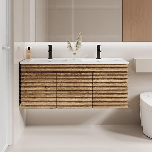 LUCKWIND 48" Floating Bathroom Vanity with Sink, Mid-Century Wall Mounted Big Drawer Cabinet with Sink, Water Saving Faucet and Wood Stripes Style, Oak