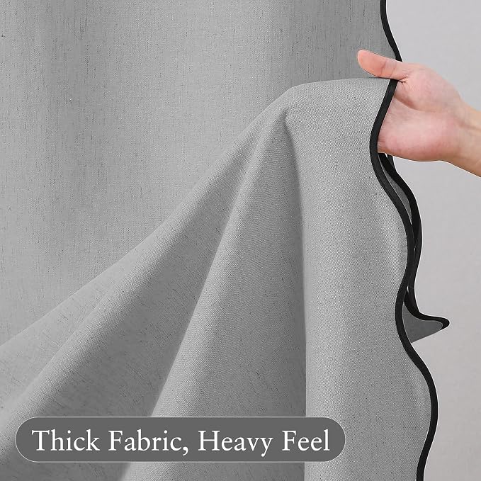 Linen Scallop Shower Curtain with 12 Clear Hooks, Waterproof, 72x72, Grey | Waterproof Heavy Duty Thick Fabric with Black Border, Neutral Boho Farmhouse Bathtub Shower Curtain