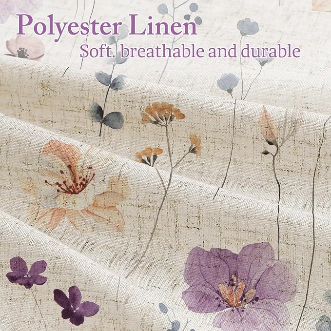 Purple Linen Watercolor Floral Fabric Shower Curtain, 72x72 | Linen Fabric, Modern Minimalist Floral Print, Machine Washable, Rustproof Grommets, for Bathroom Home