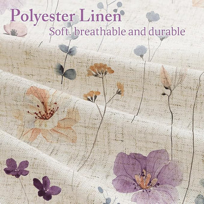 Purple Linen Watercolor Floral Fabric Shower Curtain, 72x72 | Linen Fabric, Modern Minimalist Floral Print, Machine Washable, Rustproof Grommets, for Bathroom Home