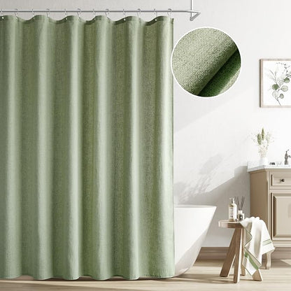 Extra Long Linen Shower Curtain, 72x84 Inch Long Neutral Fabric Country Cottage Spring Themed Bathroom Decor, Large Weighted Water Repellent Cloth Shower Curtains for Bathroom, Sage Green