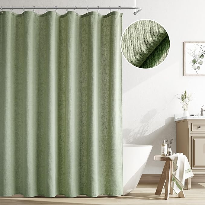 Sage Green Shower Curtain, Neutral Linen Boho Farmhouse Rustic Vintage Country Spring Summer Themed Bath Decor Weighted Fabric Green Minimalist Cloth Shower Curtains for Bathroom, 72Wx72H