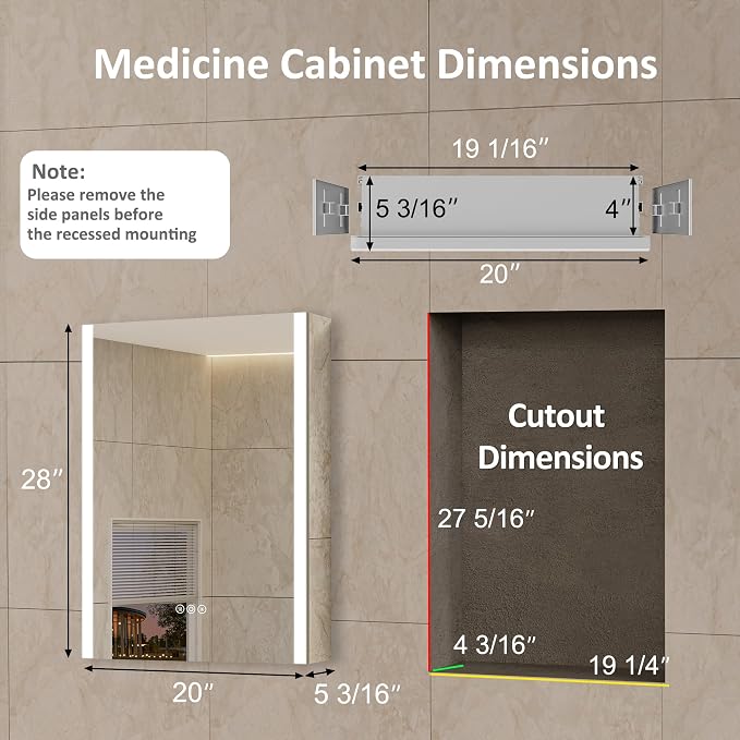 20 x 28 Inch Medicine Cabinet with Mirror and LED Light for Bathroom | Recessed, Wall-Mounted, Dimmable, Anti-Fog, Memory Function, 3 Color Mode, Outlet&USB, Adjustable Shelf, ETL Listed, Aluminum