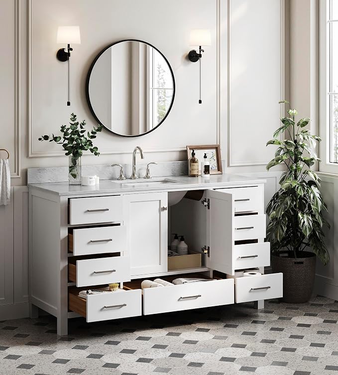 ARIEL Cambridge 60-inch Bathroom Vanity with Sink,Solid Wood, 0.75-inch Italian Carrara Marble Countertop, Single Rectangular Porcelain Sink, 2 Soft Closing Doors, 9 Dovetail Drawers, White