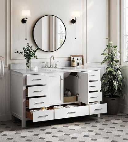 ARIEL Cambridge 60-inch Bathroom Vanity with Sink,Solid Wood, 0.75-inch Italian Carrara Marble Countertop, Single Rectangular Porcelain Sink, 2 Soft Closing Doors, 9 Dovetail Drawers, White
