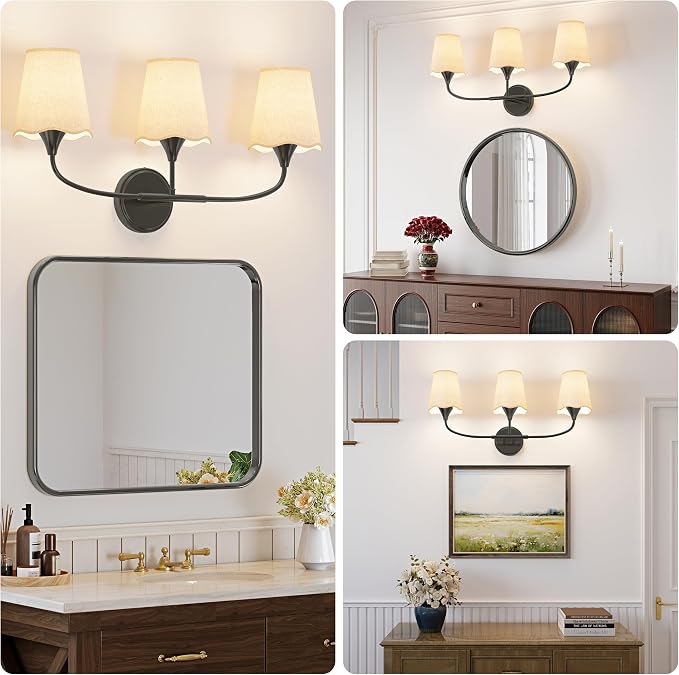 Morauroral Bathroom Light Fixtures Over Mirror, 3 Light Vanity Light for Bathroom, Black Vanity Light Fixtures with Fabric Linen Shade, E26 Socket Sconce Wall Decor(ETL Listed)
